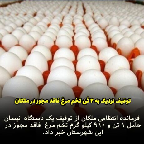توقیف نزدیک به ۲ تن تخم مرغ فاقد مجوز در ملکان.